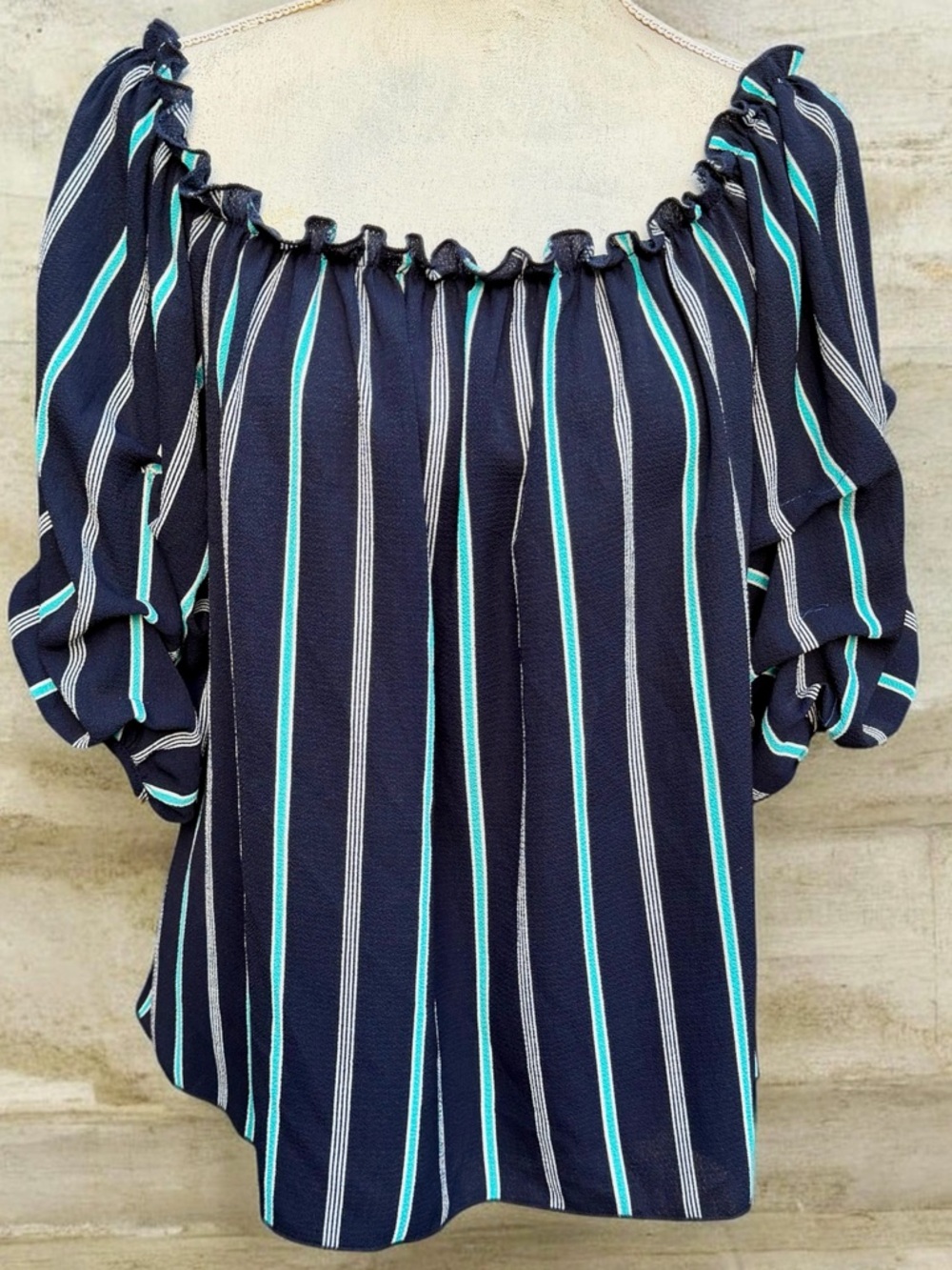 Color Swatch Off Shoulder Striped Blouse Size Large Navy Blue Top